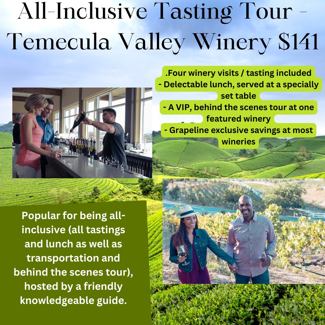 All-Inclusive Tasting Tour - Temecula Valley CA- $141 Learn More/Book Here- pe.tours/NTMyOTY1/ #winery #tastingtour #winetasting #temeculavalley #california #visitcalifornia #tours #winetours #winerytours #allinclusive  #travel #vacation #thingstodo #bucketlist