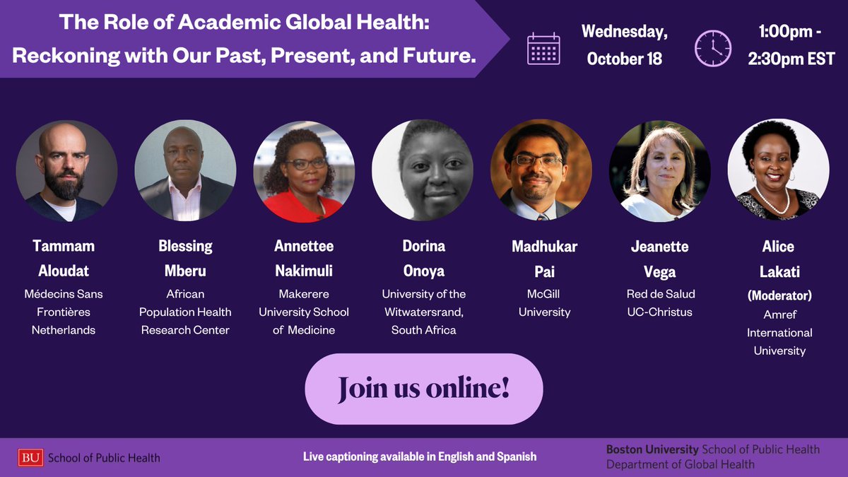 Join us next week! The Role of Academic Global Health: Reckoning with Our Past, Present, and Future Wednesday, October 18, 2023 1:00-2:30 p.m. ET bu.edu/sph/conversati… @BUSPH