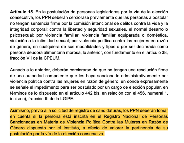 #AlertaElectoral 🚨 Por mayoría de 4 votos, Sala Superior del #TEPJF invalidó el párrafo 3ro del art 15 los Lineamientos de elección consecutiva (reelección) emitidos por el <a href="/INEMexico/">@INEMexico</a>.

❎ Partidos NO deberán tomar en cuenta si sus candidatos/as están inscritos en #RNPS por VPG.