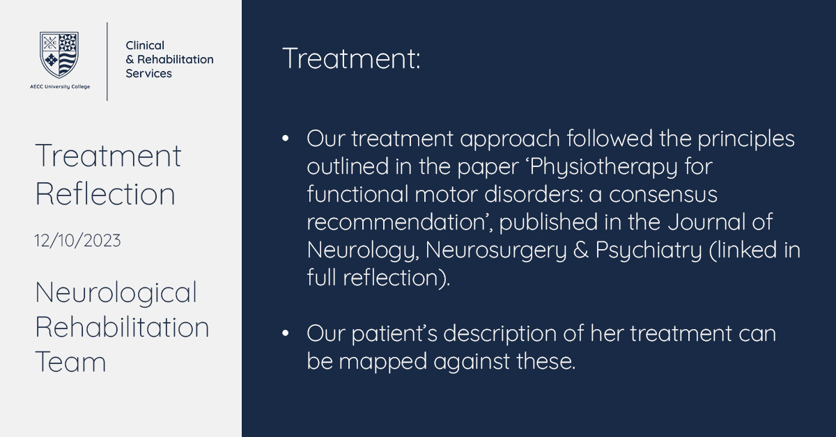 Treatment Reflection: 24 y/o patient diagnosed with #FND in 2021.

Aug 2022: seizure that caused paralysis in her legs.

In this #ClinicalInsight, we review treatment approach with patient reflection.

Read in full: bit.ly/3RUIWNm

🧵1/7

<a href="/jonstoneneuro/">Jon Stone</a>
<a href="/GNielsen_Physio/">Glenn Nielsen</a>
