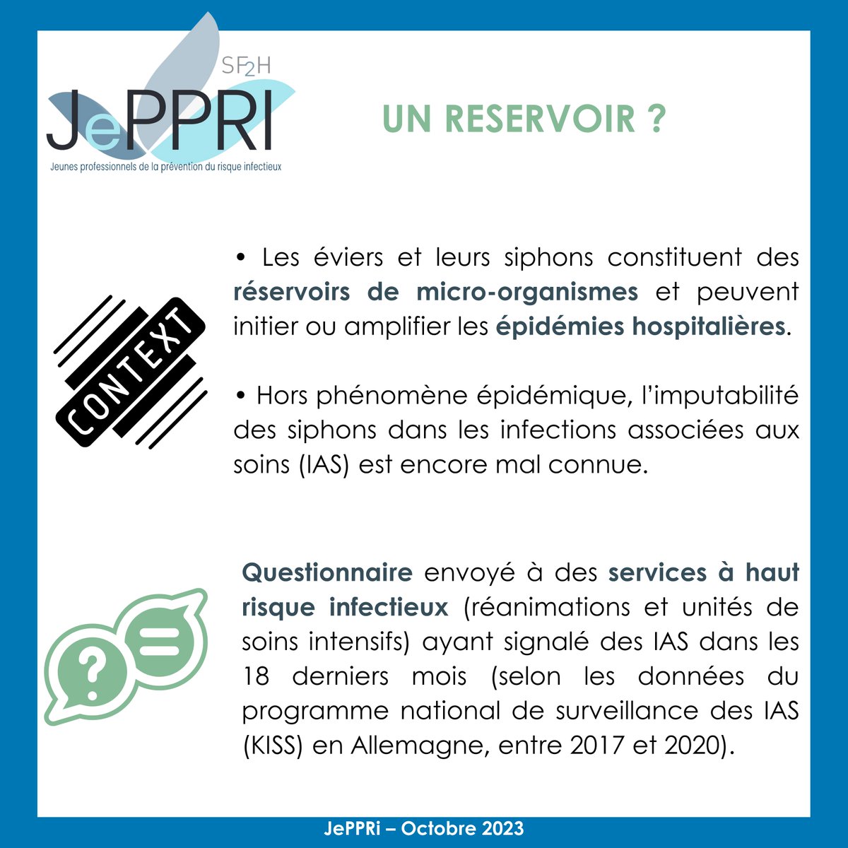 je_ppri's tweet photo. Point Biblio n°3 : La présence d'un évier dans une chambre augmente-t-elle le risque infectieux ?

D'après une publication scientifique : Fucini GB, et al, juin 2023, JH.

#jeppri #SF2H #pointbiblio #preventiondurisqueinfectieux #infection #publicationscientifique #siphon #évier https://t.co/r4YBIDVxm7