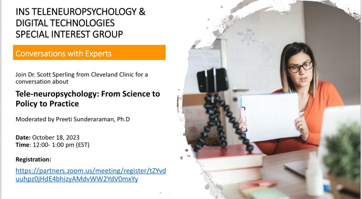 Please join us on Wednesday 10/18 for our next Conversation with experts

Join Dr. Scott Sperling for a conversation about tele-neuropsychology: From Science to Policy to Practice

To register: partners.zoom.us/meeting/regist…