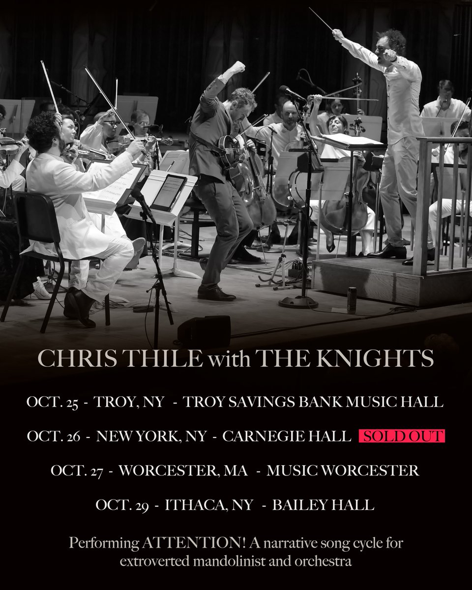 In just a couple short weeks, Chris reconvenes with @TheKnightsNYC for a run of shows performing ATTENTION! A narrative song cycle for extroverted mandolinist and orchestra. Find details and tickets at ChrisThile.com -CT HQ