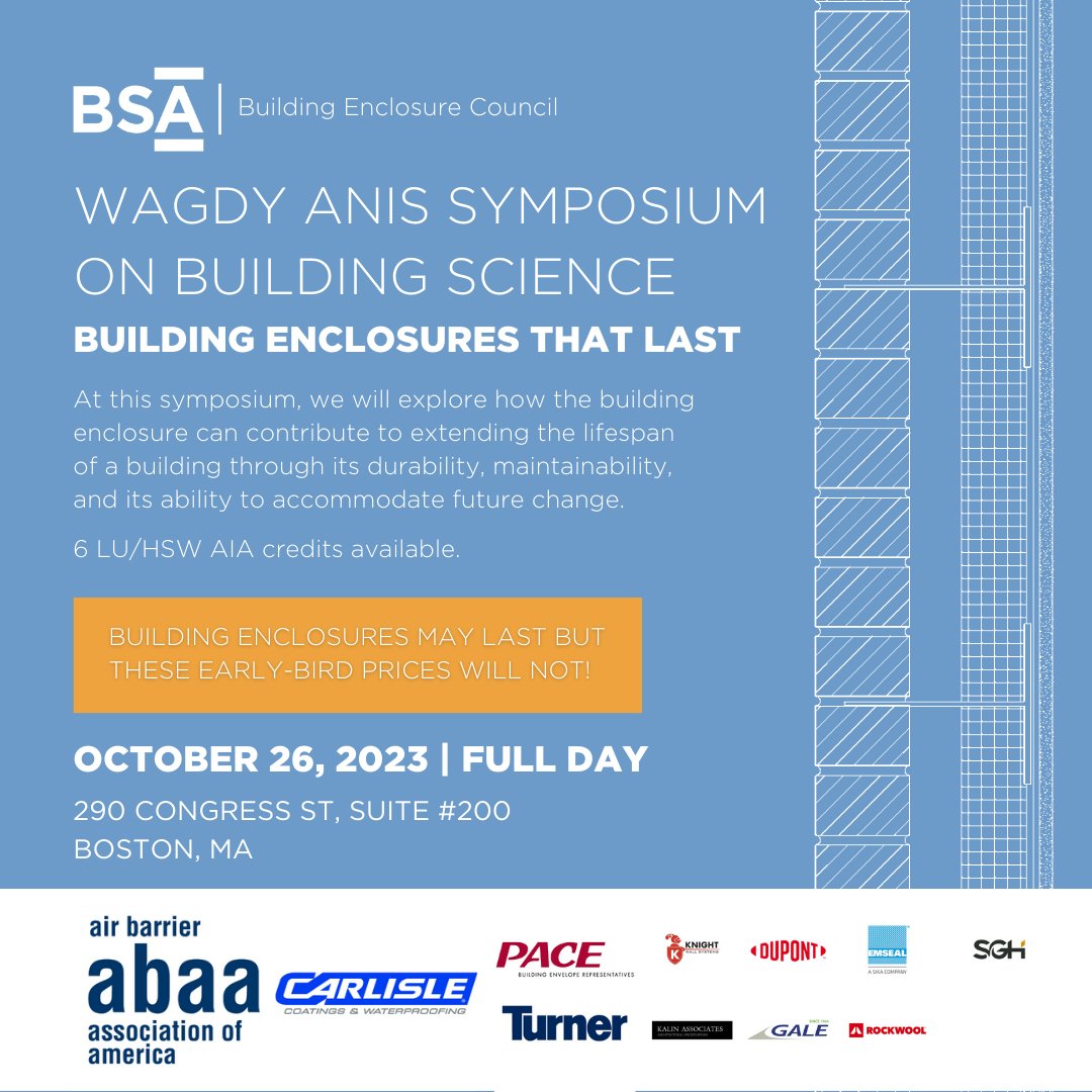 Don't miss the Early-Bird Pricing deadline tomorrow for the 2023 Wagdy Anis Symposium on Building Science. Discover how building enclosures can prolong a building's lifespan, reduce environmental impact, and accommodate future change. Register now: shorturl.at/cDHKX