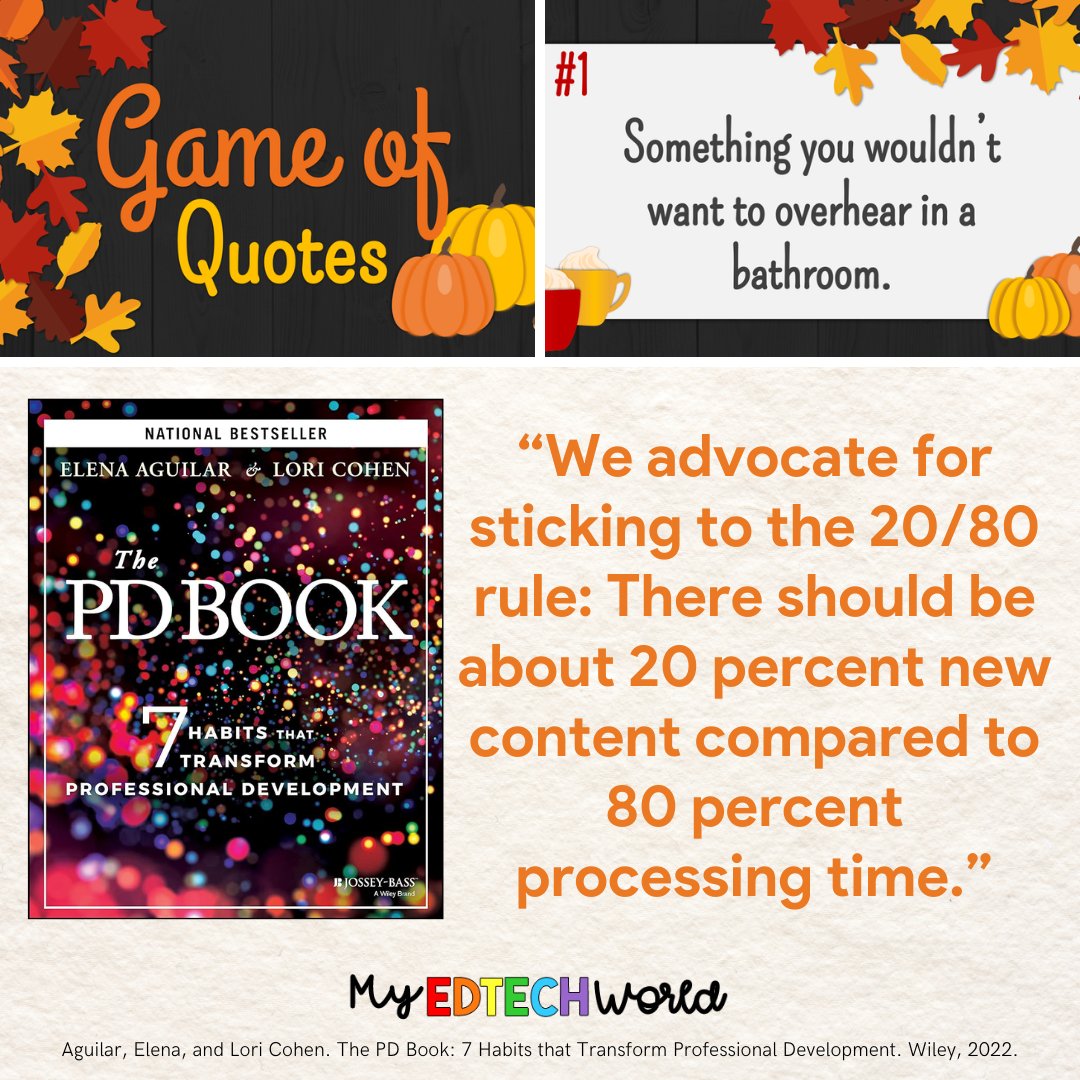 myedtechworld's tweet photo. We introduced the #GameOfQuotes #eduprotocol to our EdTech in PL learners yesterday using one of our anchor texts, Elena Aguilar's "The PD Book." We all had a huge laugh with the prompt and quote that MULTIPLE people found as a response! 😂 @tramperk @brightmorningtm https://t.co/rcCnkQ8TEd