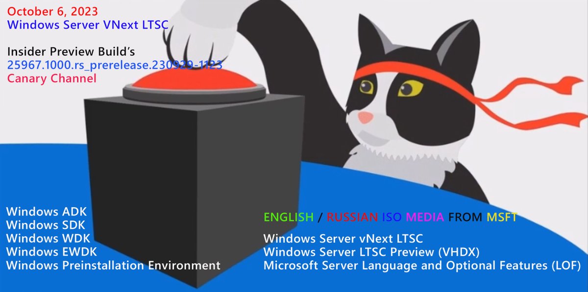 WZorNET's tweet image. ✌️😹 Инсайдерские сборки от 6 Октября 2023 г. РУССКИЕ/АНГЛИЙСКИЕ #ISO/#VHDX Windows Server #vNext #LTSC 🏗#InsiderPreviewBuild /25967.1000.rs_prerelease.230929-1123/ + #LanguagePack, #DevTools (#ADK, #WinPE, #SDK, #WDK, #EWDK) на #CanaryChannel=&amp;gt; rg-adguard.net/go/WIP25967SDT
👁️by WZT