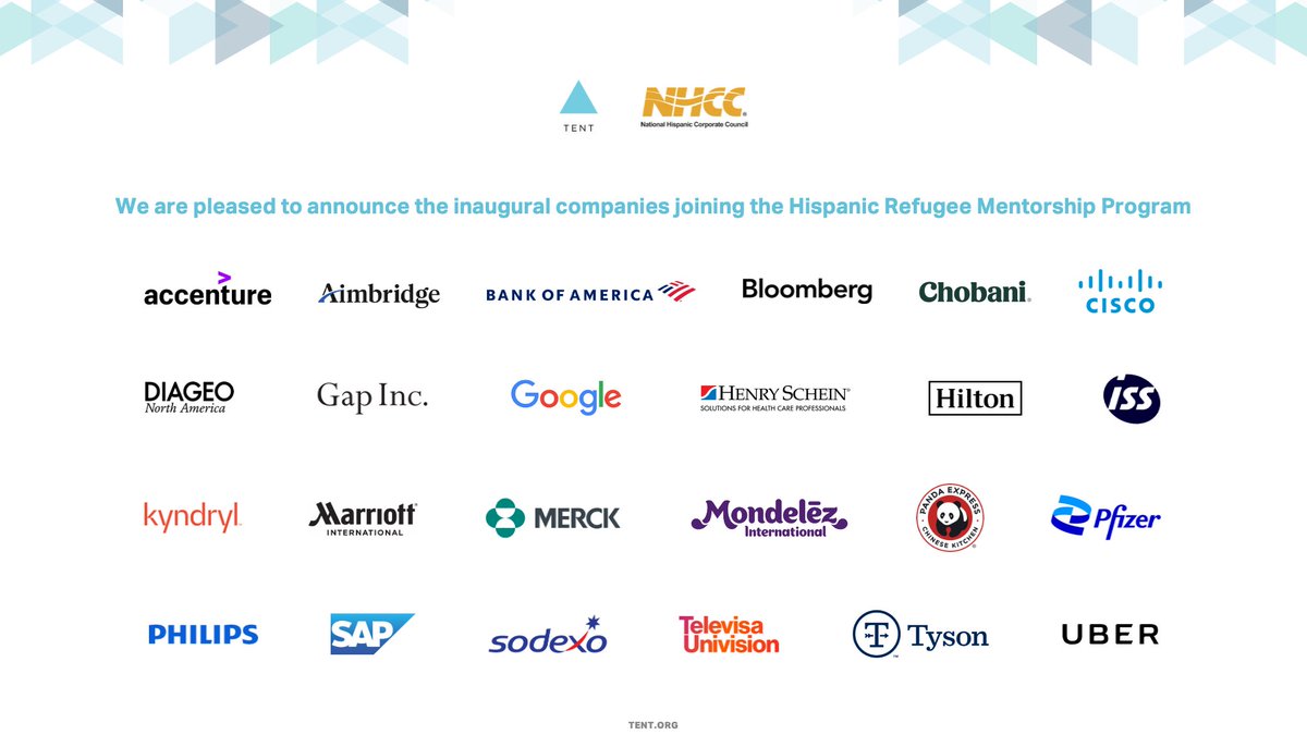 As we close out #HispanicHeritageMonth, we’re incredibly proud to announce the first 24 companies to join <a href="/TentOrg/">Tent Partnership for Refugees</a>'s new Hispanic Refugee Mentorship Program — in partnership w/<a href="/NHCCorg/">National Hispanic Corporate Council (NHCC)</a> ! 🇺🇸👏 (1/5)