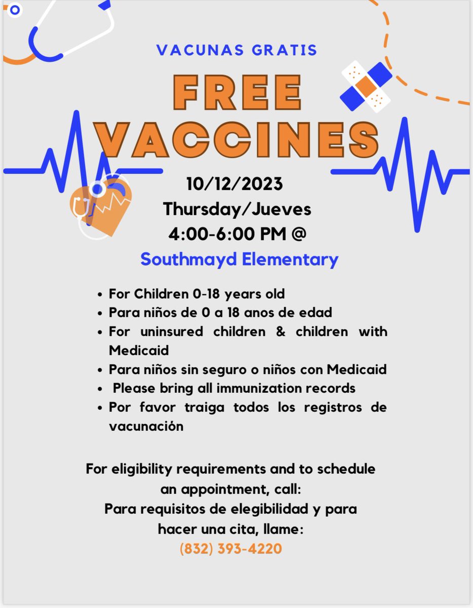 Milby Wraparound Specialist (@wraparoundmilby) on Twitter photo FREE VACCINES / VACUNAS GRATIS
📍1800 Coral St. Houston TX, 77012
       Southmayd Elementary School FREE VACCINES / VACUNAS GRATIS
📍1800 Coral St. Houston TX, 77012
       Southmayd Elementary School