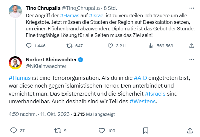 KreuzAcht's tweet photo. Der gestern erst als #AfD-Fraktionsvize abgewählte Norbert Kleinwächter geht auf offene Konfrontation zu seinem Chef Chrupalla.
Chrupalla hat für die Terrorangriffe der #Hamas auf #Israel wieder seine "Diplomatie"-Platte aufgelegt. https://t.co/Phf0GyLdlD