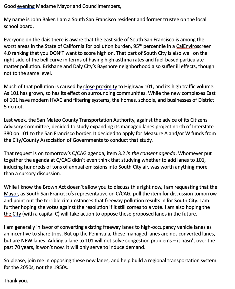 Statement I plan to give at tonight's @CityOfSSF  Council meeting opposing expanding Highway 101 "managed lanes" from 380 to SF border.
For reference, see @SMDailyJournal story:  smdailyjournal.com/news/local/exp…