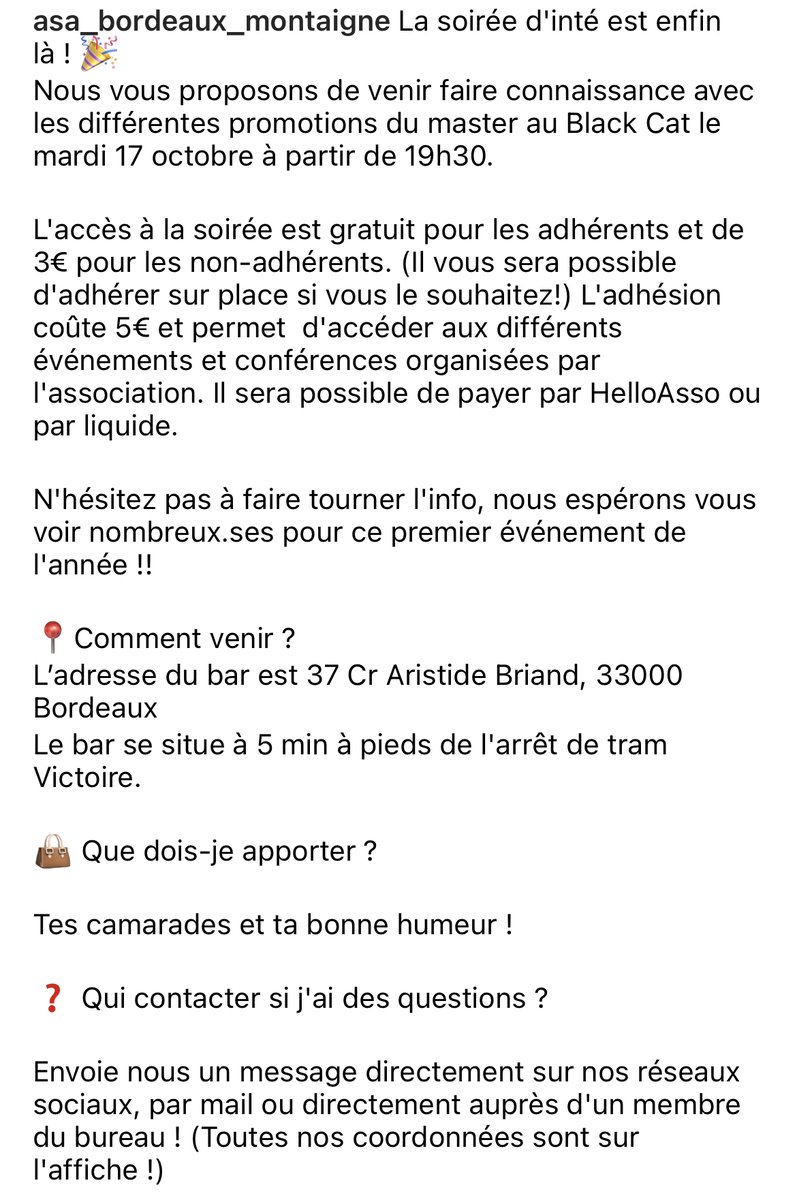 La soirée d'inté est là ! 🎉
Rdv le 17 octobre au Black cat, à partir de 19h30 !