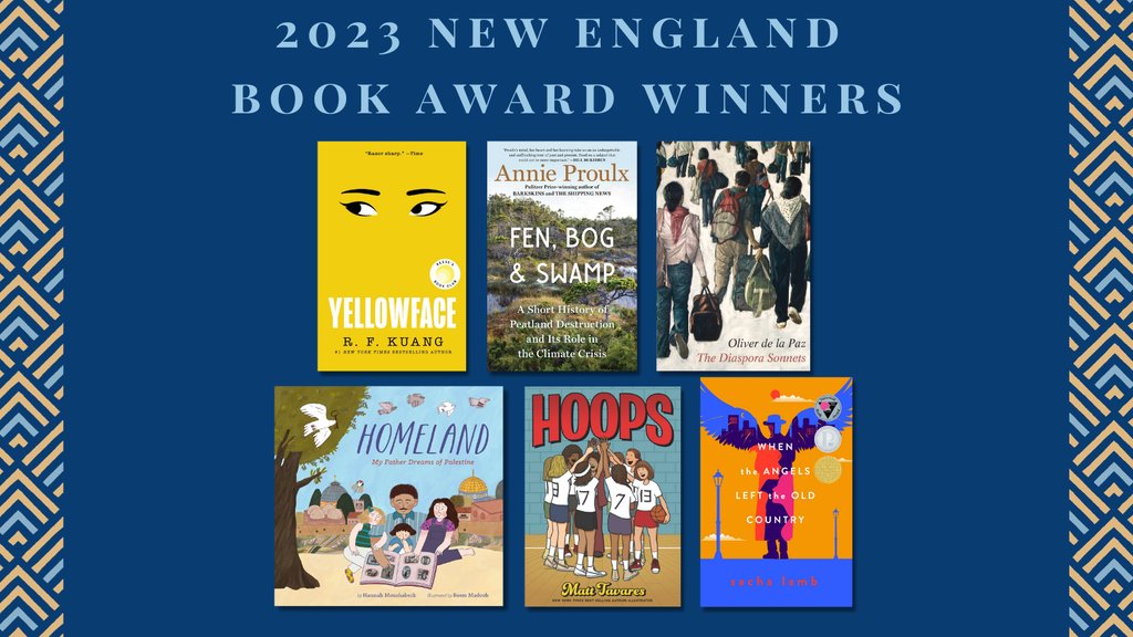 Congratulations to the winners of the 2023 #NewEnglandBookAwards: <a href="/kuangrf/">Rebecca F. Kuang</a>, Annie Proulx, <a href="/Oliver_delaPaz/">Oliver de la Paz</a>, <a href="/HMoushabeck/">Hannah Moushabeck</a> and Reem Madooh, <a href="/tavaresbooks/">Matt Tavares</a>, and Sacha Lamb! 🏆 Please join us in celebrating these creators and congrats, too, to our wonderful finalists. 🎉