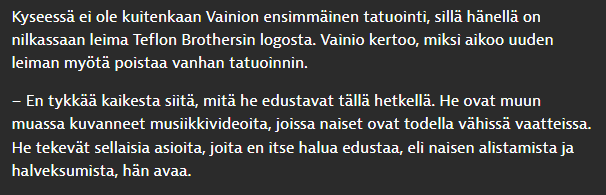 Heinäkuussa Teflon Brothersin logo tatuointina ihoon ja heti perään lokakuussa se pitääkin ottaa pois, koska 'He ovat muun muassa kuvanneet musiikkivideoita, joissa naiset ovat todella vähissä vaatteissa'.

Nyt iholla Santa Cruzin tatuointi.

On tämä pariskunta content.