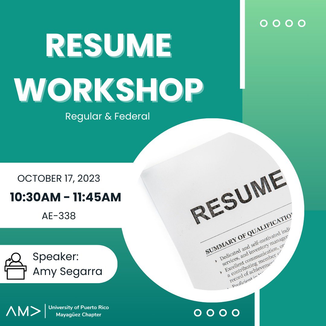 AmaUprm's tweet photo. Getting ready for this month’s JOB FAIR?!👀

Then make sure you’re PREPARED by joining us NEXT TUESDAY for AMA-UPRM’S RESUME WORKSHOP!! Where you’ll learn tips and tricks on how to build a STRONG resume that will help you acquire your dream job opportunities or internships✨ https://t.co/6l9aezV1t8