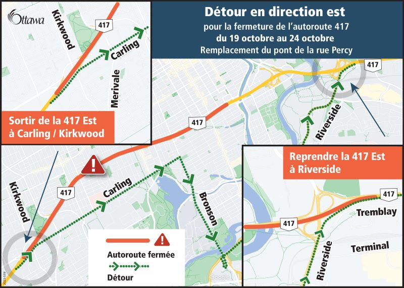 Carte illustrant la déviation de l’autoroute 417, en direction est, et le tronçon fermé de l’autoroute 417. Cliquez sur le lien qui figure dans le message pour obtenir plus de détails.