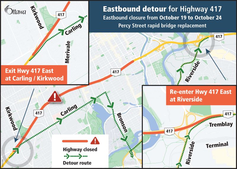 Map showing eastbound detours and the closed portion of Highway 417. Visit the link in the post for full details.