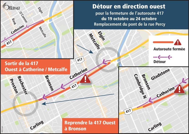 Carte illustrant la déviation de l’autoroute 417, en direction ouest, et le tronçon fermé de l’autoroute 417. Cliquez sur le lien qui figure dans le message pour obtenir plus de détails.