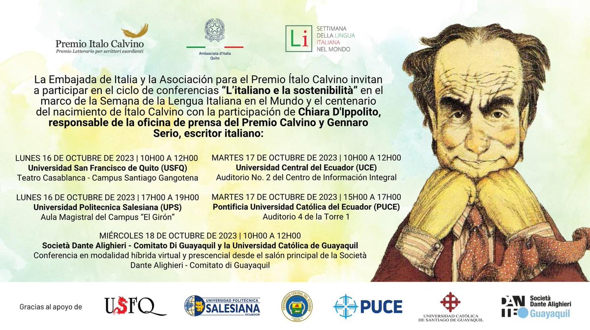 ItalyinEcuador's tweet photo. #SLIM2023 🇮🇹 | Compartimos las iniciativas en 🇪🇨 de la Semana de la Lengua Italiana en el Mundo que se celebrará del 16 al 22 de octubre de 2023 con el tema: "El italiano y la sostenibilidad". Conoce la programación completa en https://t.co/Lio0Dlzfj2 

@PremioCalvino @ItalyMFA https://t.co/KW0WjhqAmN