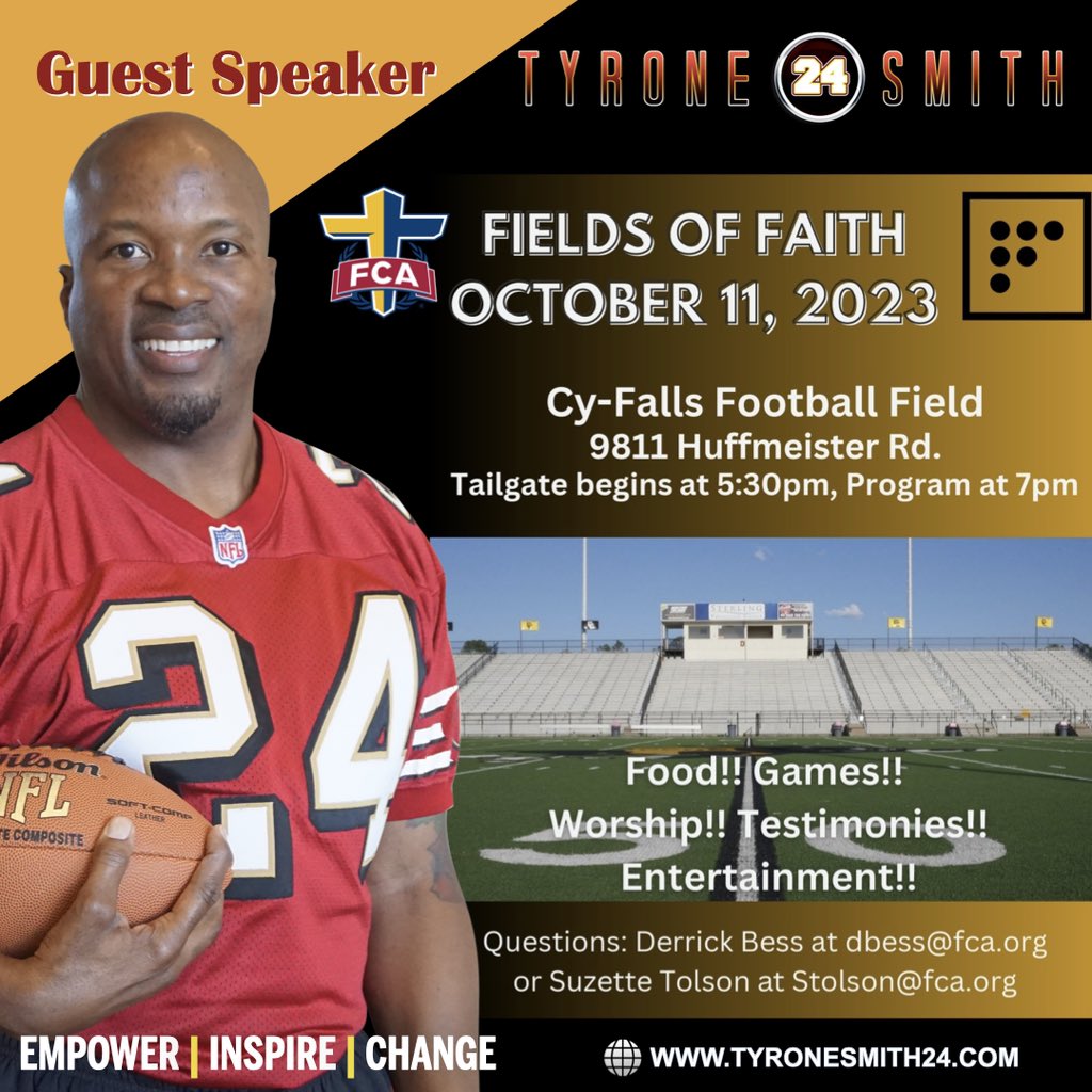 I’m looking forward to speaking at the FCA Field of Faith event at Cy Falls High school tonight. 

Empower I Inspire I Change 
tyronesmith24.com
#GodsWork #SpeakLife #GameChanger #LevelUp #UMatter
#BeyondTheGame