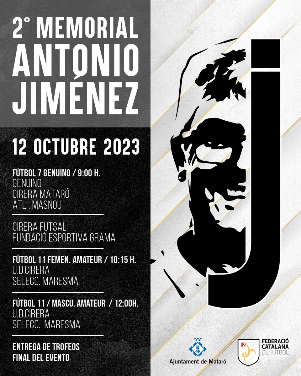 💥 Demà tenim una gran matinal de futbol al Mpal. Antonio Jiménez de Cirera.

Segon memorial del nostre estimat Antonio Jiménez on hi participarà el Genuine Cirera-Mataró, una selecció del Maresme entre d' altres.

Us esperem a tots.

#EndavantMataró🐝🐝