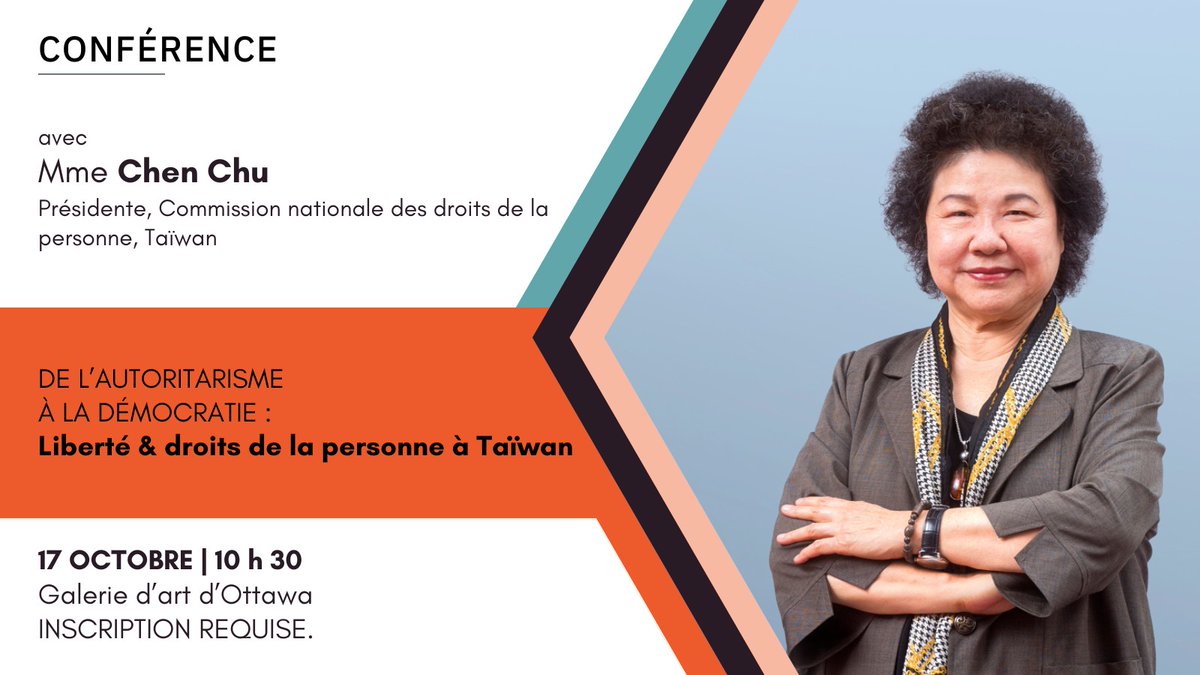 🗓️17 OCT
🕥10h30

<a href="/uOttawaHRREC/">uOttawa CREDP (@uottawahrrec.bsky.social)</a> &amp; la Chaire de recherche <a href="/etudes_taiwan/">uOttawa Études taïwanaises / Taiwan Studies</a> <a href="/uOttawa/">Université d'Ottawa | University of Ottawa</a> ont le plaisir de s'associer à <a href="/TaiwanInCanada/">Taiwan in Canada</a> pour accueillir Mme Chen Chu, présidente de la Commission nationale des droits de la personne de Taïwan.

Inscription requise : uottawa.ca/recherche-inno…