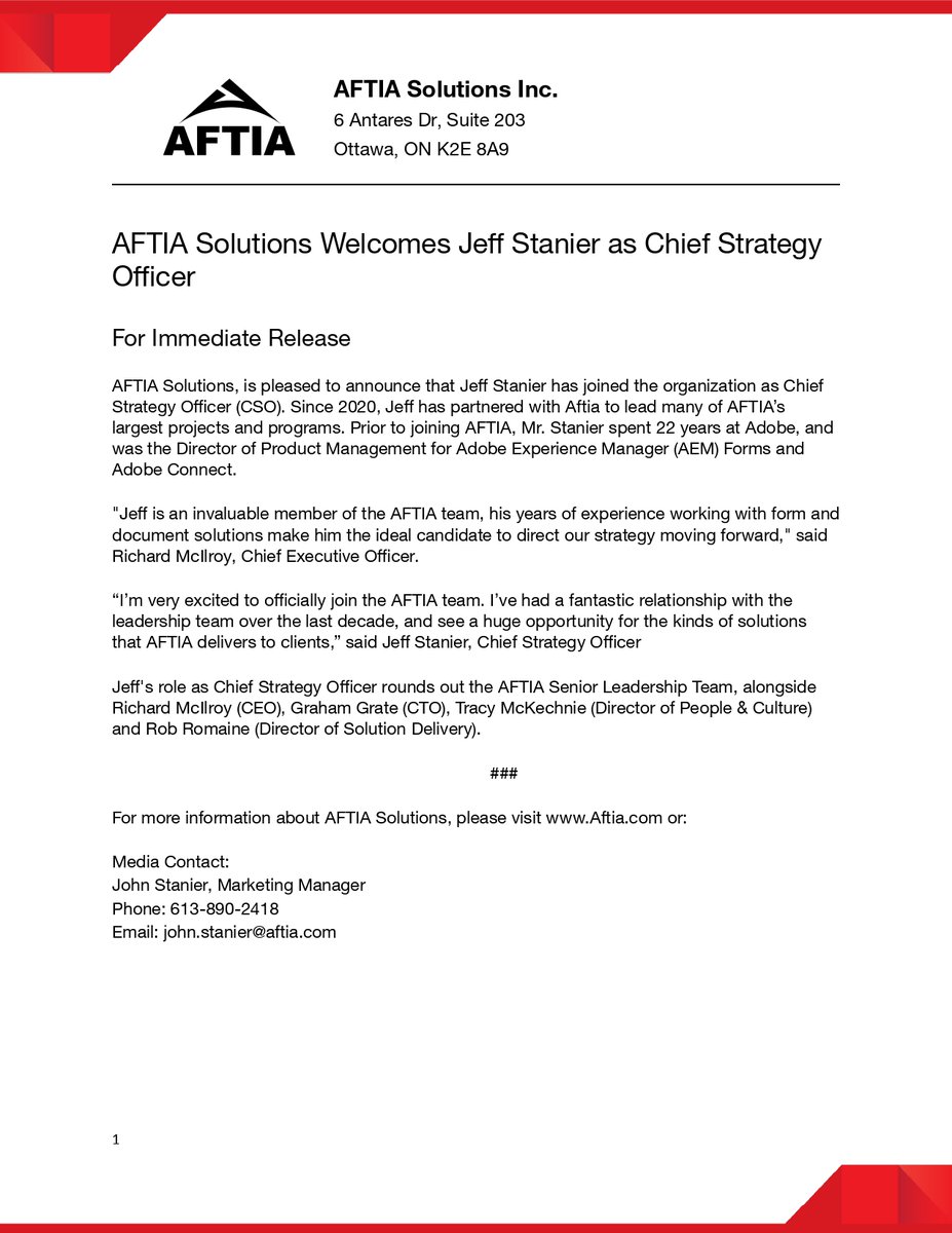 AFTIA Solutions welcomes Jeff Stanier as Chief Strategy Officer. With 25 years of industry experience, Jeff is the perfect candidate to direct our strategic vision moving forward. 

Read the full press release below: