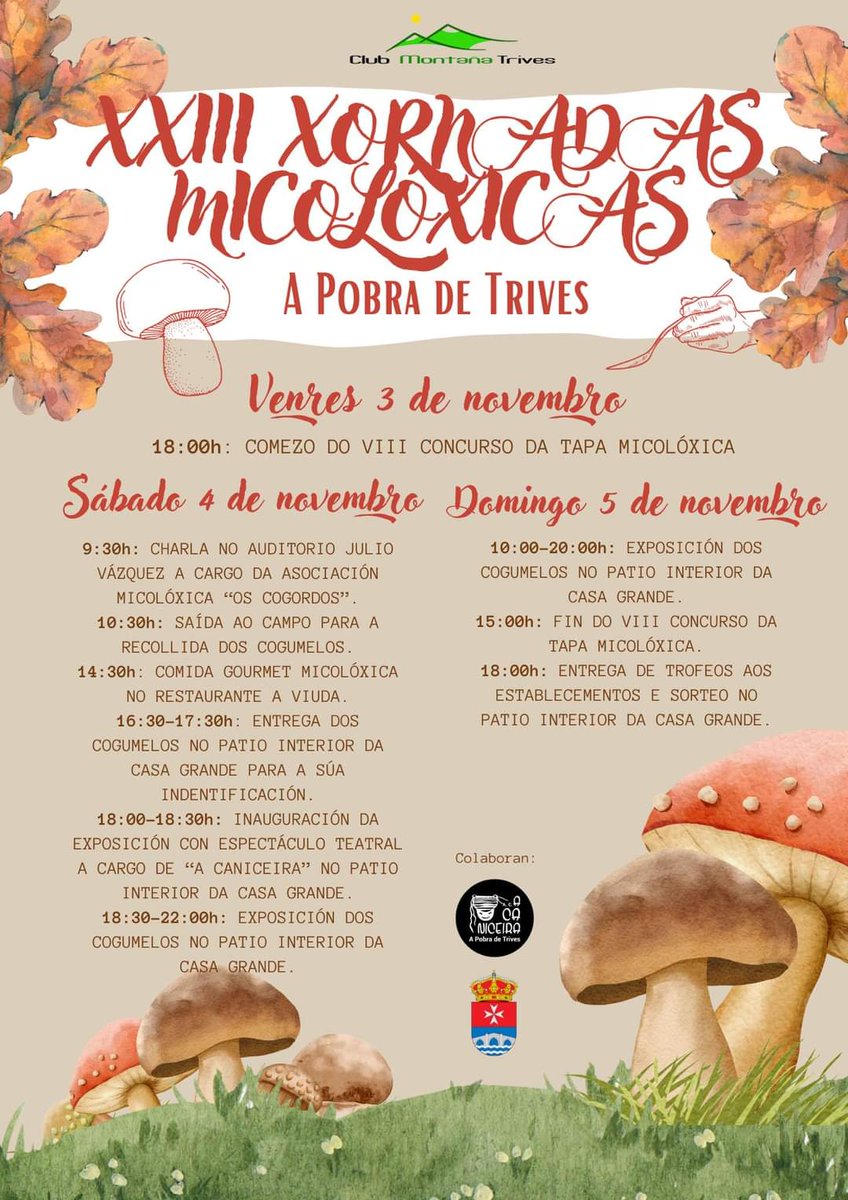 CMtrives's tweet photo. Ca entrada do outono🤎, o cambio das cores e a caída das follas🍂…chegan as XXIII XORNADAS MICOLÓXICAS DO CLUB MONTAÑA TRIVES🍴🍄

Que ganiñas de gozar con todxs vós desta fin de semana gastronómica e natural🙂. 

📣DATA: 3, 4 ,5 de NOVEMBRO📣

🍂🍄🍁 https://t.co/ruNVqWTmz2