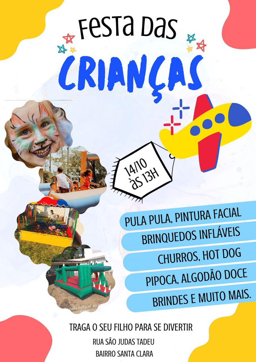 Sabadão festinha para as crianças com muita diversão, todos convidados, que sera na nossa famosa rua são judas tadeu. 🎢🎡🎠🚂