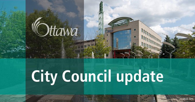 A graphic with Ottawa City Hall is in the background. A vertical grey stripe and a horizontal turquoise stripe are in the foreground with " City Council update" in the centre.