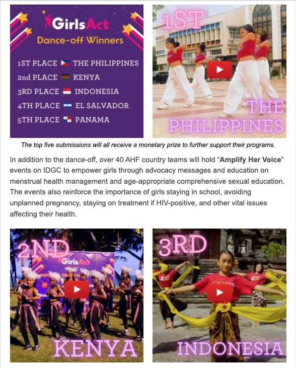 Get #groovy with our @GirlsActIntl teams who celebrated #InternationalDayOfTheGirl2023 and the program's fresh new look with a global dance-off! Check out the winning routines & support girls' health and well-being worldwide. #AmplifyHerVoice #IDGC2023 ahf.global/eBlast/SM/2023…