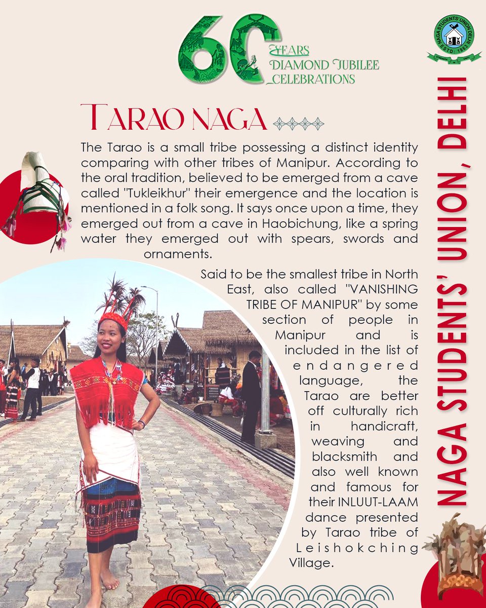 TARAO NAGA :
The Tarao is a small tribe possessing a distinct identity comparing with other tribes of Manipur. According to the oral tradition, believed to be emerged from a cave called
"Tukleikhur" their emergence and the location is mentioned in a folk song.