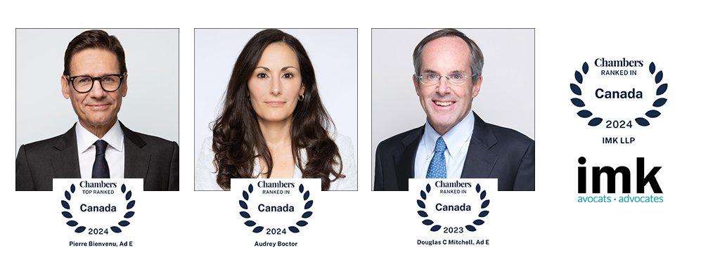 Chambers and Partners ont publié l’édition 2024 du Guide du Canada. <a href="/IMKLLP/">IMK</a> et trois de nos avocats y figurent cette année encore: Pierre Bienvenu, Ad. E., Audrey Boctor et Doug Mitchell, Ad. E.