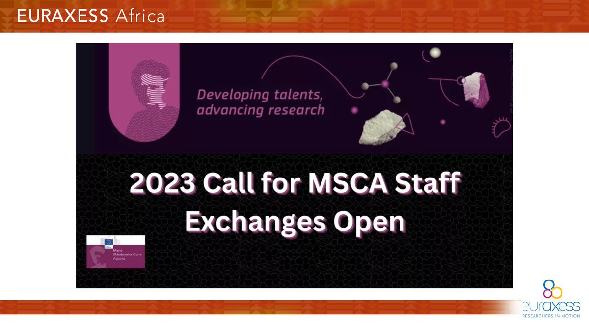 📢 #Research and innovation projects through #mobility - 2023 Call for #MSCA #StaffExchanges Open

👉🏿Read more: euraxess.ec.europa.eu/worldwide/afri…

#EUAfrica #HorizonEU #europeanunion #africaunion #europeancommission #au #eu #opportunity