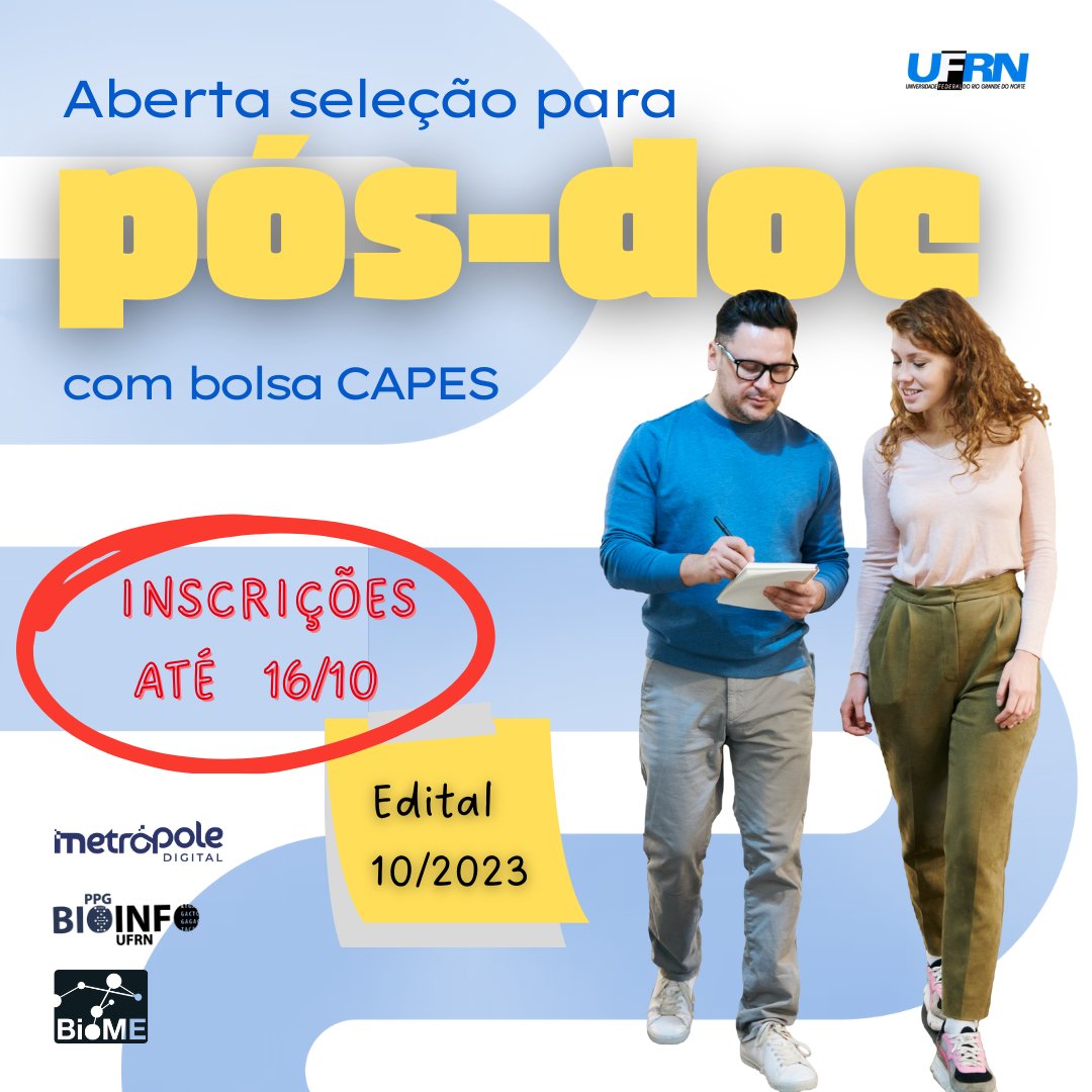 📄 Publicamos um edital de seleção para 01 vaga de estágio pós-doutoral

📅 Inscreva-se até o dia 16/10/2023

*Vem conferir o edital!*

🔹 Acesse sigaa.ufrn.br/sigaa/public/p…

@metropoledigital @metropoleparque
#bioinformatica