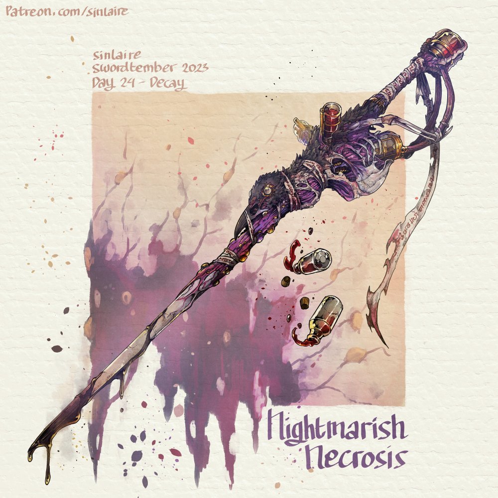#Swordtember Day 24 - Decay Nightmarish Necrosis A prototype weapon created by Dr. Viren, It contains a deadly bacteria he created that can mutate randomly when fed with blood and cause different diseases. Hi-res image, stat, and card available on Patreon #Swordtember2023