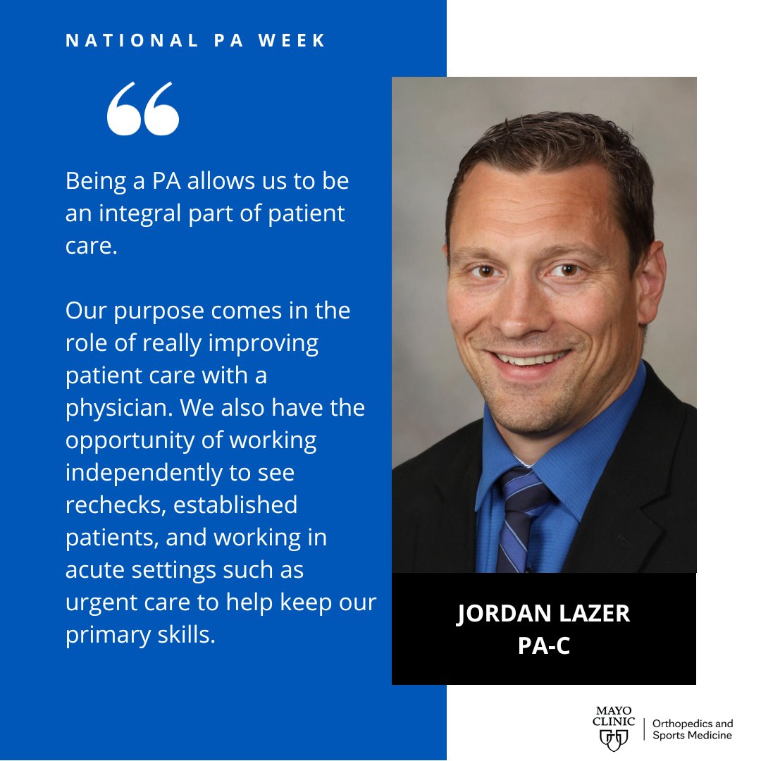 Happy National Physician's Assistant Week! PAs are highly trained healthcare professionals who play an active role in every part patient care. Our PAs work closely with physicians to ensure patients are getting the level of care that sets @MayoClinic apart.