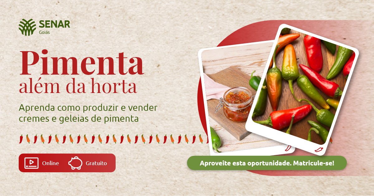 SistemaFaeg's tweet photo. Já pensou em lucrar ainda mais com a sua produção de pimenta? 🤔 🌶️
Acesse https://t.co/XMzIePPjzl e matricule-se no curso online e gratuito do Senar Goiás que vai lhe ensinar a produzir caldos e geleias de pimenta para aumentar sua lucratividade 💰 https://t.co/jfFmXwPKTz