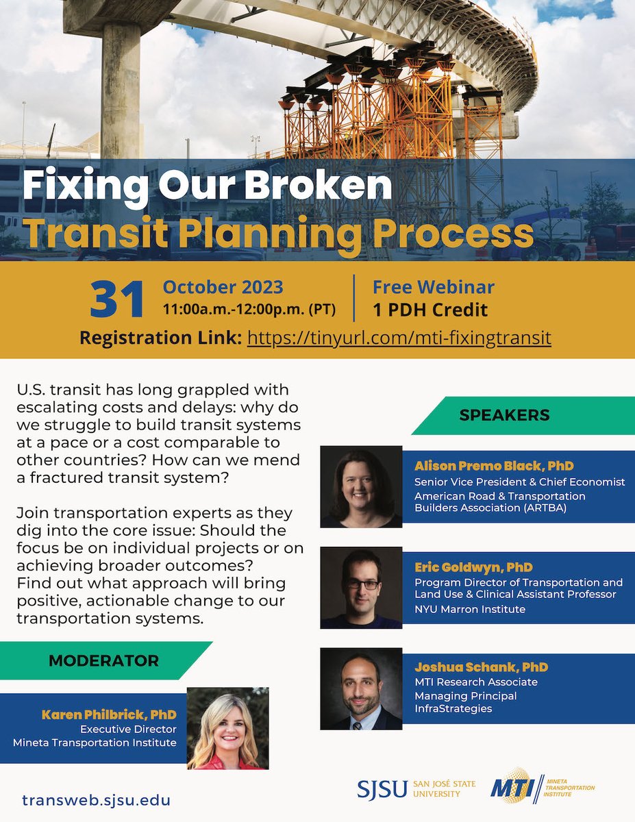 🗓️ Mark your calendar! MTI’s next #webinar is just around the corner. Learn why U.S. transit planning processes face unique challenges and what can be done to improve transit systems today. Register now! transweb.sjsu.edu/events/Fixing-… Speakers: @APremoBlack @ericgoldwyn @joshuaschank