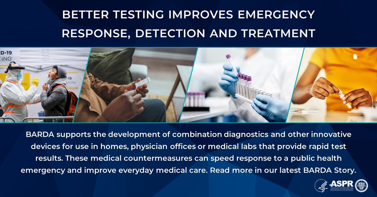BARDA's tweet photo. Rapid response to #HealthSecurity threats requires robust investments in detection, diagnostics & devices that work in different care settings. Read the latest #BARDAStory to learn how innovative partnerships bolster national test-to-treat capabilities: https://t.co/2k6DSDpkh7 https://t.co/ciACmuzwgM