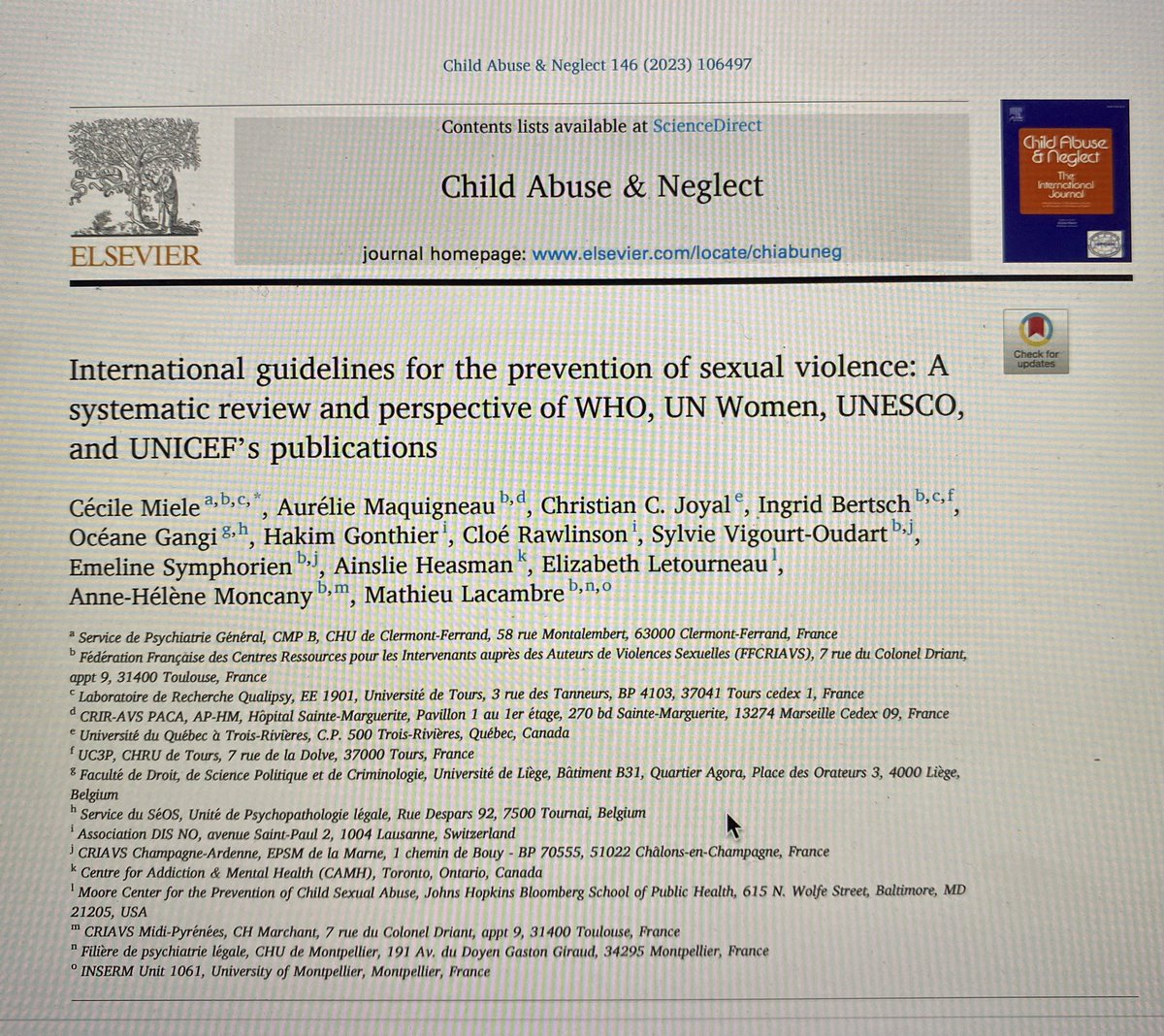 We are pleased and proud to share this original work. A basis for international collaboration to stop #Child #Sexual #violence @MakeSocietySafe @MooreCenter_JHU @StopItNowUK @FF_CRIAVS @UNICEF @UNESCO_fr @ONU_fr @ONUFemmes @BeBraveGlobal @Facealinceste @UN_EndViolence @AIUS_fr