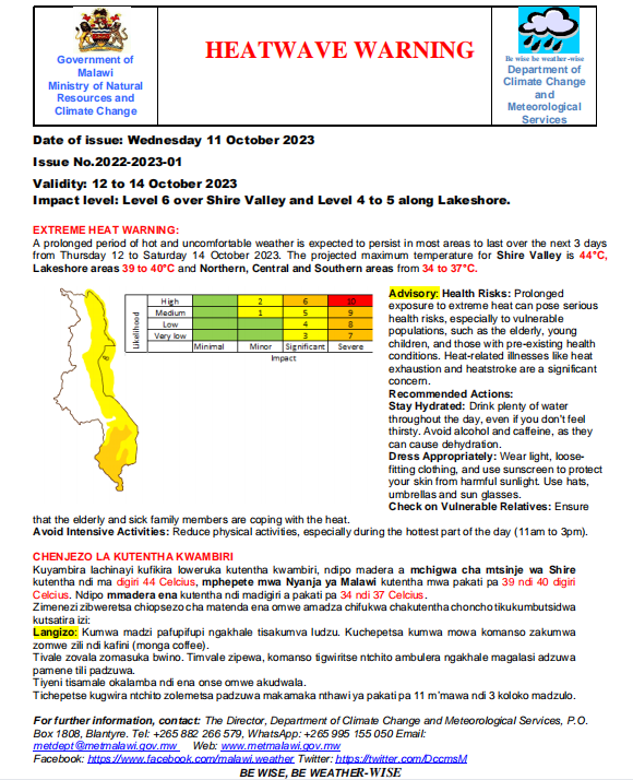 Heatwave warning over Malawi

Date of issue: Wednesday 11 October 2023  Issue No.2022-2023-01 Validity: 12 to 14 October 2023 
Impact level: Level 6 over Shire Valley and Level 4 to 5 along Lakeshore
