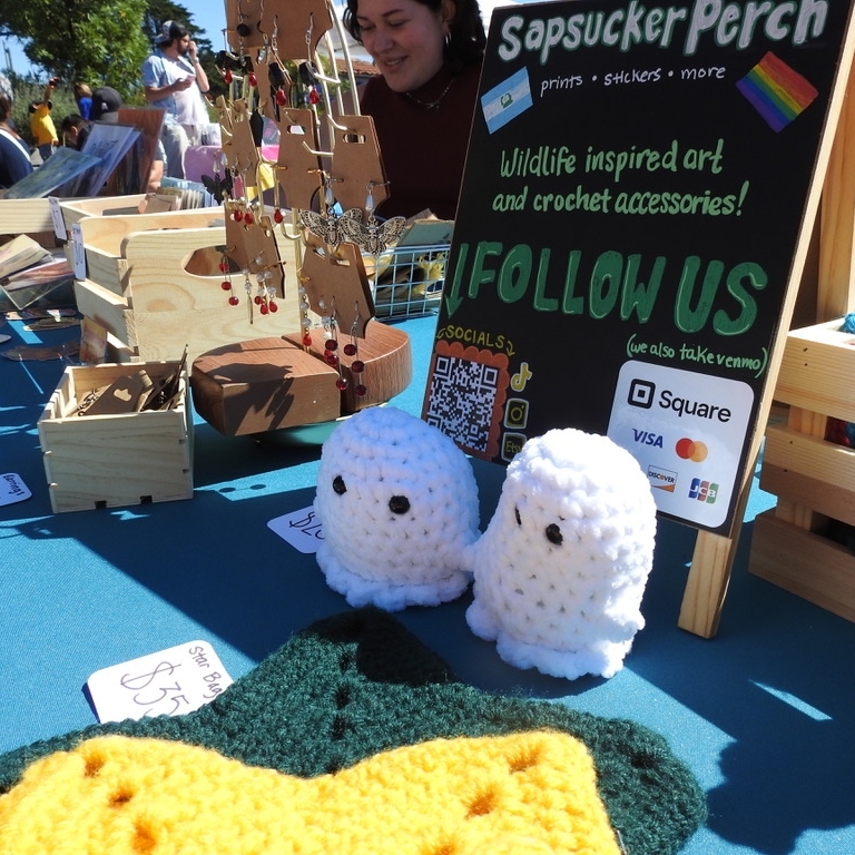Artist Highlight! ✨👻 @sapsuckerperch shares wildlife-inspired art🌱, is queer-women owned🏳️‍🌈🇸🇻 and makes art prints, stickers, and crochet! You know you need these little ghosts for October! #support #local #art #creators #sucker #artist #sf #sanfran #shopsmall #handmade