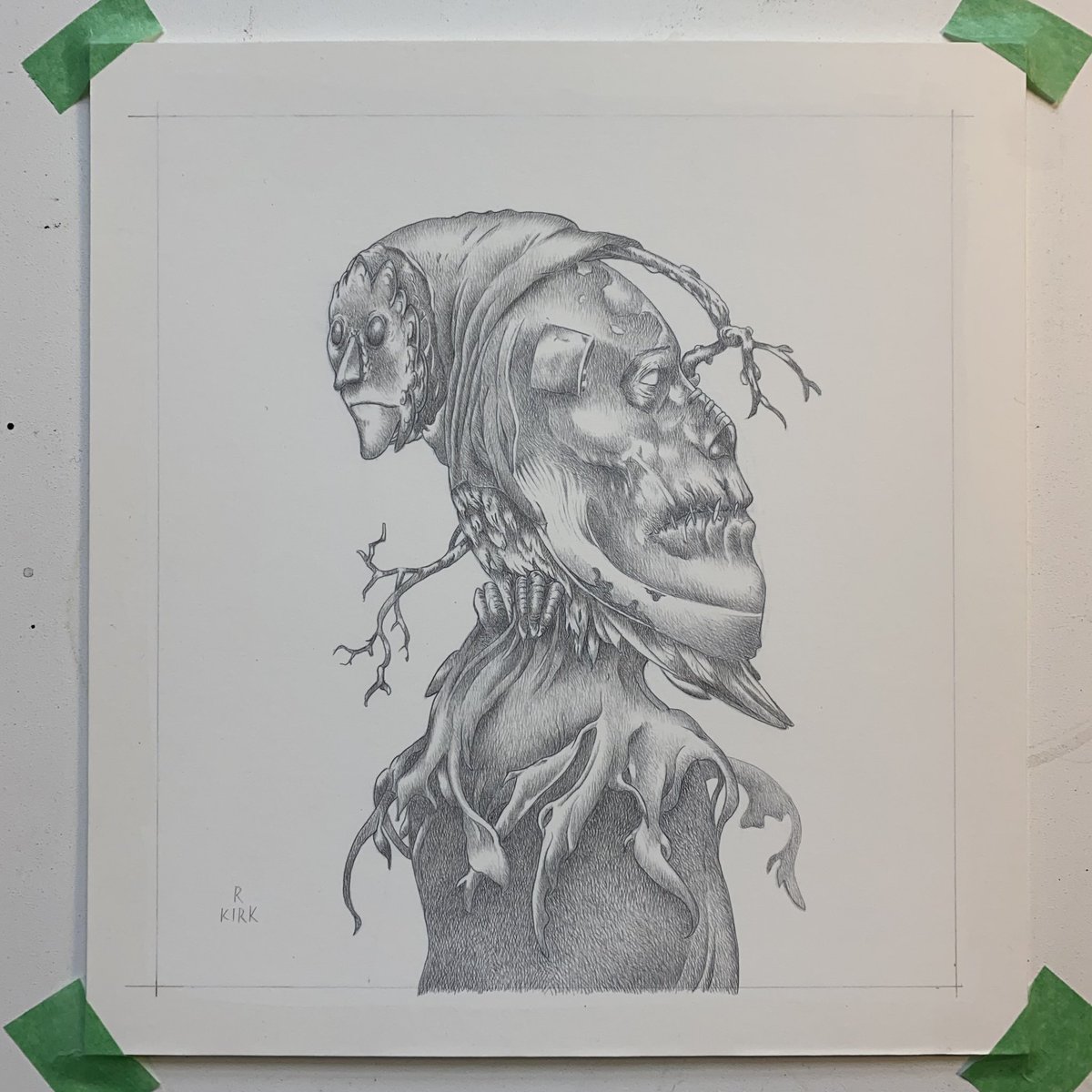 Lost_Machine's tweet image. Quick iPhone snap of this silverpoint drawing newly finished. #silverpoint #metalpoint #fantasyart #birds #protean drawing