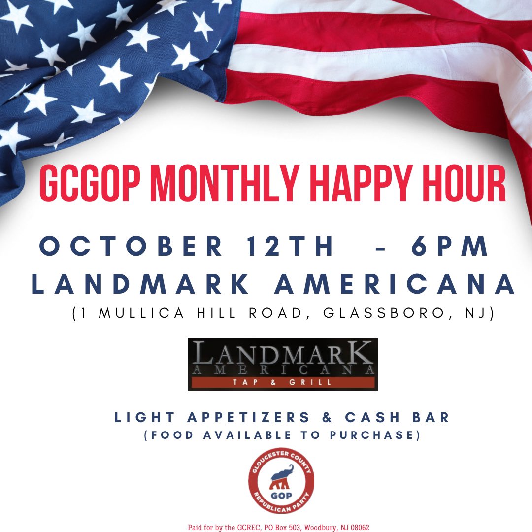 Join us for our Monthly Happy Hour! 🗓️October 12, 2023 ⏰6:00 PM 📍Landmark Americana (1 Mullica Hill Rd, Glassboro) #GCGOP #HappyHour