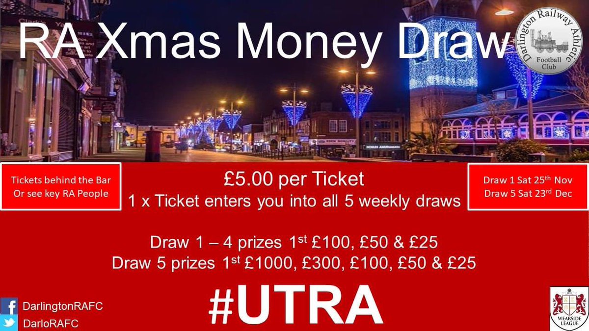 RA XMAS MONEY DRAW - 1 TICKET GETS YOU INTO ALL 5 WEEKLY DRAWS - TOP PRIZE ON DRAW 5 IS £1000 !!!!

Tickets behind the Bar, or see Scott Craggs, Andy Scott, Mark Scott, Mark Howell, Paul Santon, Frears, Chris Marksby, Ty, Rappa, Mark Wheldon or any of the RA Players.
