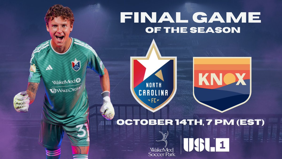WMSPcary's tweet photo. 🚨FINAL GAME OF THE SEASON🚨
@NorthCarolinaFC 🆚 @OneKnoxSC
📅Saturday, October 14th
⏰7 PM (EST)
🏟️@WMSPcary
📍@caryncgov
We will see you there!
#northcarolinafc #ncfc #northcarolina #cary #nc #knoxville #oneknoxsc #usl #uslleagueone #soccer #futbol https://t.co/YhEuTRLMbW