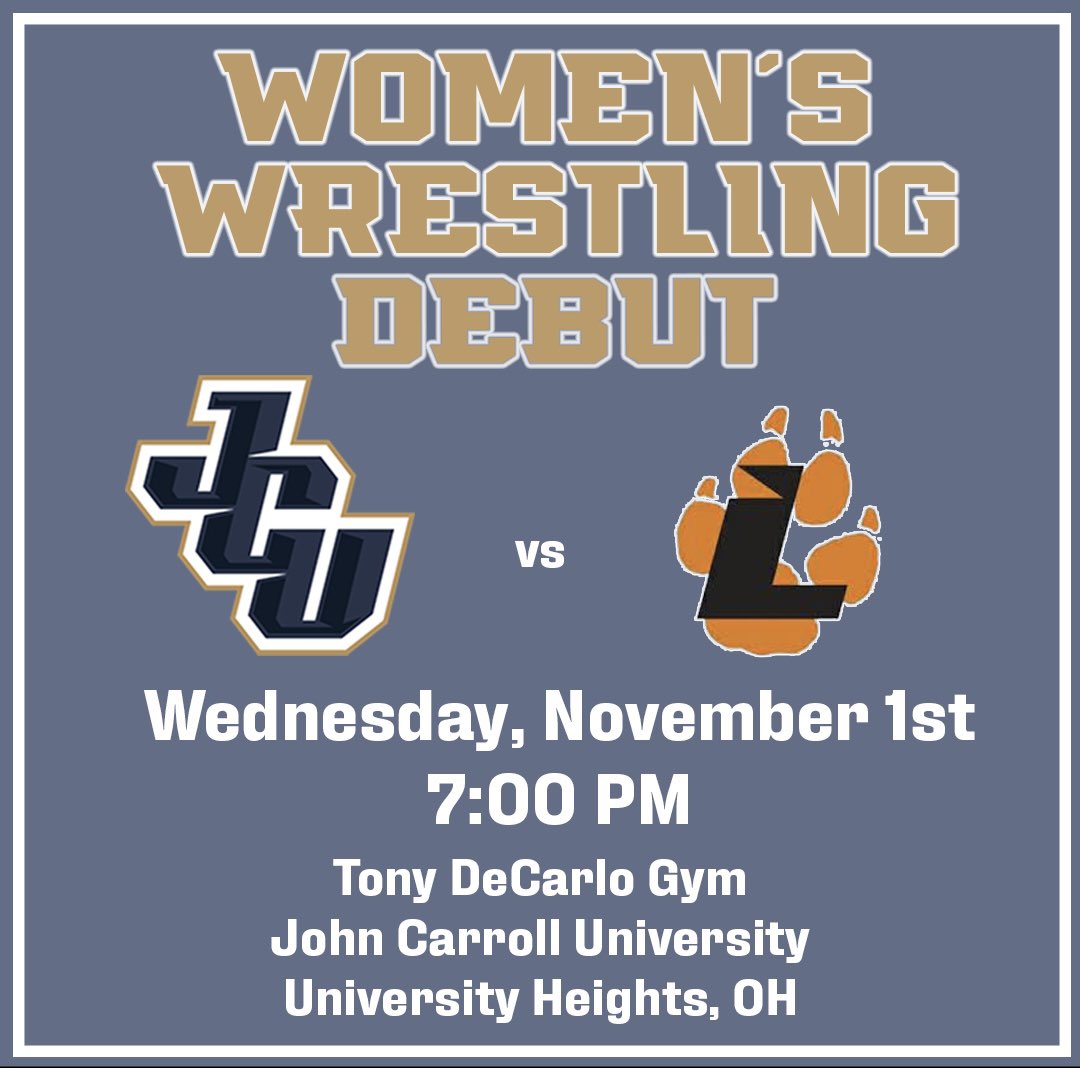 JCUwrestling's tweet photo. Save the Date! November 1st. 

The first ever women’s collegiate wrestling match in Cleveland. 

#jcuwrestling Vs Lourdes 

3 weeks from tonight!!

#wrestlelikeagirl #growwomenswrestling https://t.co/IdZ81UvwCD