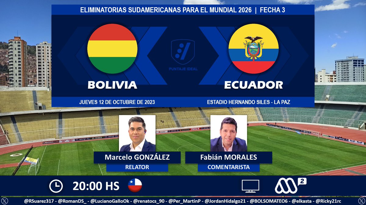 ⚽ #EliminatoriasSudamericanas | 🇧🇴 #Bolivia vs. #Ecuador 🇪🇨
🎙 Relator: <a href="/Marcelo_Kalu/">marcelo gonzalez</a>
🎙 Comentarista: <a href="/fabi_moralesj/">Fabian Morales</a>
📺 <a href="/Mega/">Mega</a> 2 🇨🇱
🤳 #MegaDeportes
Dale RT 🔃