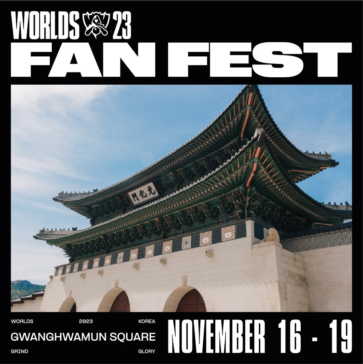 LCK's tweet photo. The very first and the very best 🌟WORLDS FAN FEST LIVE CONCERT🌟 will be held at Gwanghwamun Square on Nov. 18!

<Artist Lineup>
🎵Alan Walker
🎵FT Island
🎵(G)I-DLE
🎵MUSHVENOM
🎵Nicki Taylor

Get ready for the biggest festival at Gwanghwamun Square this November! #Worlds2023 https://t.co/PPcPDoV1XK