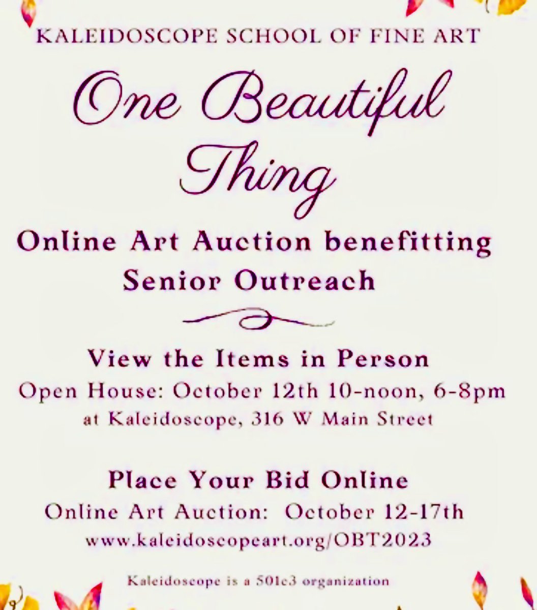 Our "One Beautiful Thing" fundraiser will be held October 12-17.  This online art auction features a variety of fine art items, including those made by our founder, Jill Funk.  The site can be viewed at 
kaleidoscopeart.org/obt2023